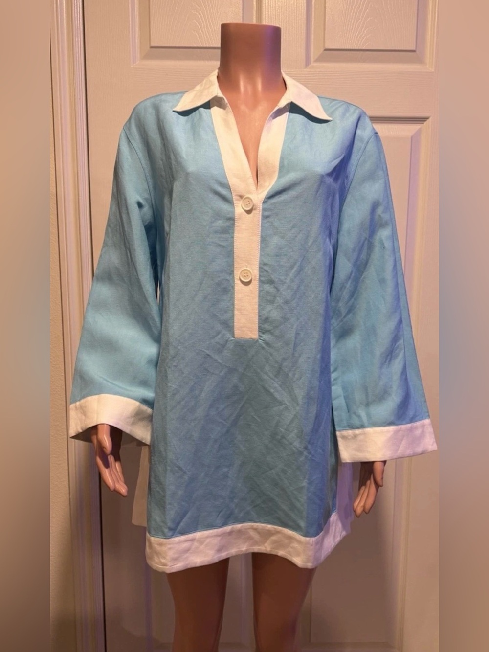 Anne Klein Women's Linen Woven Tunic Blouse Blue/White Collared 3/4 Sleeve L NWT